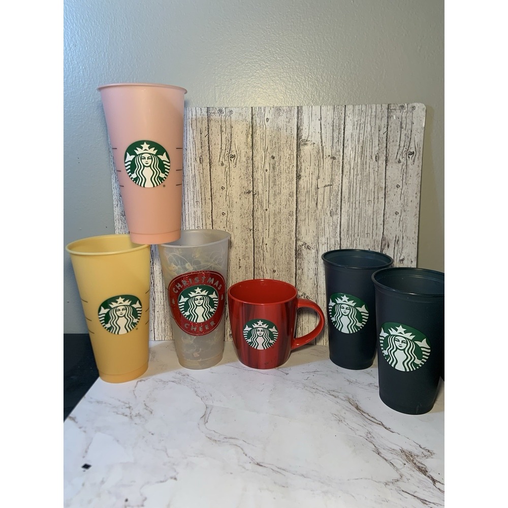 Starbucks Plastic Cups Lot Of 6 Colorful No Lids‎ Glass Coffee Mug Holiday